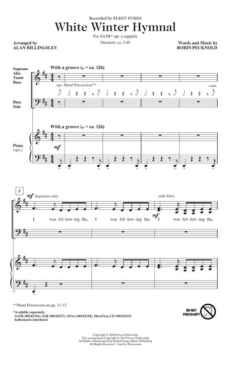 Get White Winter Hymnal sheet music by Fleet Foxes as a digital notation file for Piano/Vocal/Guitar in D Major (transposable). Download, print, transpose ...